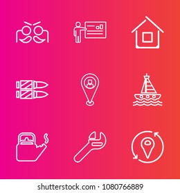 Premium set with outline vector icons. Such as colorful, yacht, female, estate, holiday, seminar, location, pin, carnival, military, boat, kettle, wrench, equipment, repair, gun, businessman, water