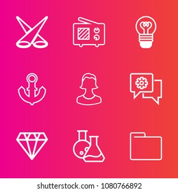 Premium set with outline vector icons. Such as chat, jewelry, ship, mobile, folder, wireless, medicine, backdrop, light, show, gem, electric, wave, business, tool, avatar, sea, laboratory, diamond