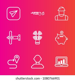 Premium set with outline vector icons. Such as map, person, road, ball, bowling, smartphone, graphic, computer, chart, airplane, phone, location, recreation, message, email, builder, hit, lighthouse