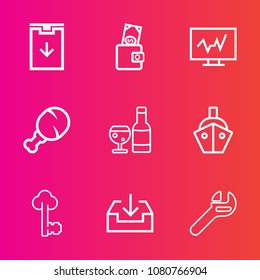 Premium set with outline vector icons. Such as food, sign, lock, boat, wallet, glass, web, doctor, purse, sea, drink, meal, medical, business, tool, vessel, metal, transport, alcohol, ship, bag, old