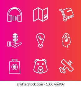 Premium set with outline vector icons. Such as airplane, grizzly, sound, aircraft, planet, device, wild, animal, gift, suitcase, bear, mobile, bag, earth, travel, world, concept, transportation, life