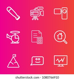 Premium set with outline vector icons. Such as nature, baseball, team, mountain, recreation, real, microphone, media, face, sport, chat, tripod, movie, air, landscape, retro, camera, banking, doctor