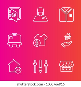 Premium set with outline vector icons. Such as shirt, hotel, uniform, front, fashion, baggage, white, real, secure, security, house, bag, bellboy, service, porter, bellhop, clothing, cotton, price
