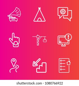 Premium set with outline vector icons. Such as monitor, vintage, gesture, record, contract, nature, real, route, chat, computer, camp, music, sign, gramophone, index, sound, down, travel, upstairs, up