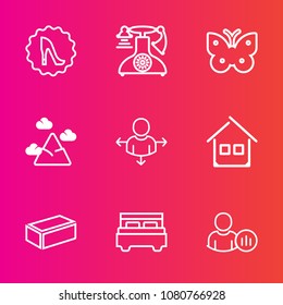 Premium set with outline vector icons. Such as status, mountain, architecture, profile, phone, communication, construction, elegance, footwear, blue, antique, insect, travel, interior, butterfly, old