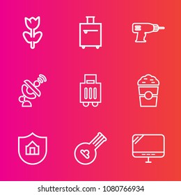 Premium set with outline vector icons. Such as pc, protection, drink, technology, cafe, floral, travel, house, journey, drill, property, flower, folk, pink, shop, home, cup, space, bag, trip, global