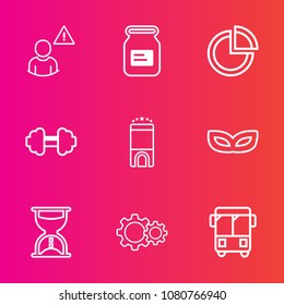 Premium set with outline vector icons. Such as pie, graphic, celebration, profile, workout, alarm, sand, hour, tin, clock, speed, room, web, transport, metal, exercise, container, bus, timer, graph