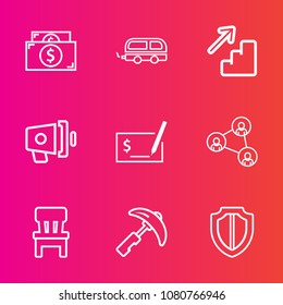 Premium set with outline vector icons. Such as bank, business, screen, upstairs, pen, megaphone, money, finance, room, home, speaker, technology, chair, shield, vehicle, crane, up, construction, bus