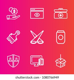 Premium set with outline vector icons. Such as , box, container, spotlight, aluminum, kit, aid, page, dollar, shield, medicine, upload, currency, tin, money, security, web, protection, business, cross