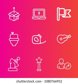 Premium set with outline vector icons. Such as monitor, box, carton, house, cardboard, screen, success, earth, usa, musical, computer, bathroom, shipping, space, business, guitar, new, toilet, account