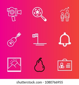 Premium set with outline vector icons. Such as media, internet, blank, video, equipment, person, magnifying, camcorder, growth, musical, notification, baja, development, blue, picture, handle, sound