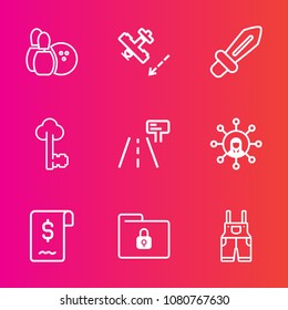 Premium set with outline vector icons. Such as airplane, folder, fun, flight, lock, pin, safety, sword, file, old, travel, sign, weapon, communication, technology, plane, ball, sport, transportation