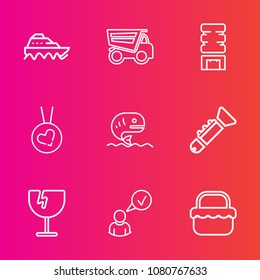 Premium set with outline vector icons. Such as transport, trumpet, tipper, vehicle, park, truck, bugle, transportation, shipping, fashion, car, dumper, complete, dump, business, musical, food, glass