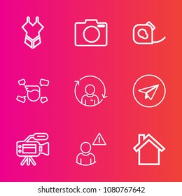 Premium set with outline vector icons. Such as summer, lens, digital, web, email, tripod, message, camera, network, swimsuit, mobile, photography, refresh, electrical, person, vacation, friction, boy