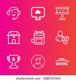 Premium set with outline vector icons. Such as customer, award, online, violin, cloud, architecture, computer, yacht, first, technology, water, sound, modern, support, sea, musical, business, people
