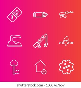 Premium set with outline vector icons. Such as reel, effect, surfer, key, bullet, fish, sport, war, ironing, cartridge, gun, weapon, domino, play, domestic, apartment, housework, property, iron, surf