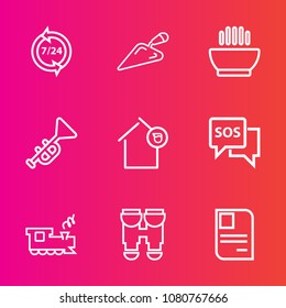 Premium set with outline vector icons. Such as call, hot, phone, equipment, bugle, construction, vision, service, office, support, screwdriver, owner, dinner, home, shovel, landlord, headset, view, id