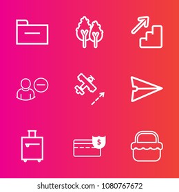 Premium set with outline vector icons. Such as money, trip, web, down, flight, park, nature, user, aircraft, food, airplane, trunk, management, environment, travel, file, message, bag, internet, data