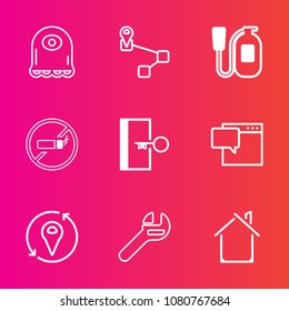 Premium set with outline vector icons. Such as map, tool, character, addiction, architecture, cartoon, safety, escape, door, speech, house, protection, pointer, chat, extinguisher, alarm, estate, fire
