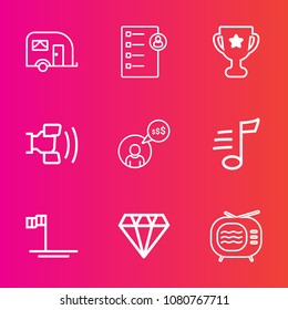 Premium set with outline vector icons. Such as telephone, employee, van, transport, checklist, sound, tune, job, interview, crystal, mobile, right, blue, tv, antenna, music, traffic, jewelry, place