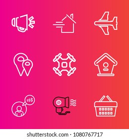 Premium set with outline vector icons. Such as sound, aircraft, map, fan, market, mortgage, technology, electric, rent, volume, travel, basket, music, voice, airplane, white, estate, aerial, pin, bird
