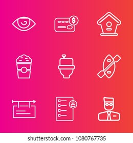 Premium set with outline vector icons. Such as eye, paddle, wc, profile, birdhouse, card, body, banner, job, toilet, nose, house, user, blank, ear, hand, bank, money, cafe, human, billboard, document