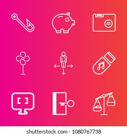 Premium set with outline vector icons. Such as money, white, finance, direction, scale, pc, storage, economy, place, fan, computer, fish, cooler, paper, air, laptop, sound, exit, measurement, office