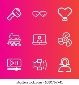 Premium set with outline vector icons. Such as girl, electric, boat, lady, communication, saw, telephone, sun, glasses, vessel, heart, style, face, building, mobile, button, tool, screwdriver, love
