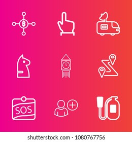 Premium set with outline vector icons. Such as van, ben, satellite, investment, dollar, danger, road, clock, television, currency, navigation, game, route, chessboard, safety, add, tower, chess, push