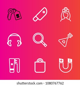 Premium set with outline vector icons. Such as healthcare, equipment, search, bag, medical, security, people, cut, black, folk, hygiene, magnetic, present, lock, doctor, meat, safe, sound, field, gift