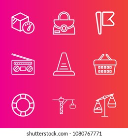 Premium set with outline vector icons. Such as sound, nation, record, style, hammer, balance, concept, up, package, bag, national, pool, store, background, market, ring, audio, container, basket, shop