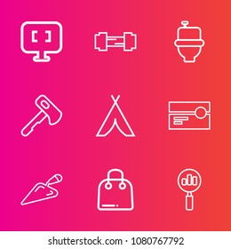 Premium set with outline vector icons. Such as shovel, fashion, computer, axe, screwdriver, music, buy, magnifying, hammer, search, sale, activity, tent, gym, travel, pc, tape, internet, adventure, wc