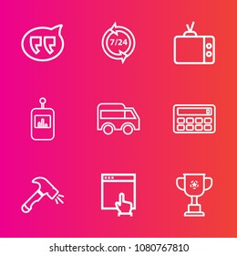 Premium set with outline vector icons. Such as winner, move, phone, message, button, left, technology, center, highway, cup, website, video, customer, victory, help, championship, call, calculator, tv