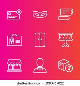 Premium set with outline vector icons. Such as bank, cupboard, money, weight, purchase, mask, music, camera, carnival, instrument, cabinet, cash, balance, costume, card, curtain, internet, holiday, tv