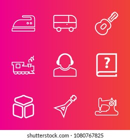 Premium set with outline vector icons. Such as cube, household, bus, sew, speed, team, guitar, cloth, travel, road, street, musical, old, city, train, support, board, traffic, music, rock, urban, book