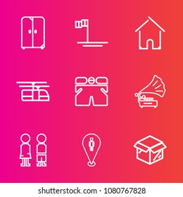 Premium set with outline vector icons. Such as location, rail, house, wear, nature, standing, estate, home, train, retro, shorts, map, people, decorative, cabinet, office, furniture, sea of cortes