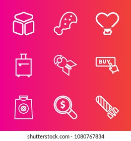 Premium set with outline vector icons. Such as danger, button, meat, web, heart, suitcase, journey, war, luggage, buy, bag, baggage, love, fried, bomb, weapon, snack, gift, tourism, power, nuclear