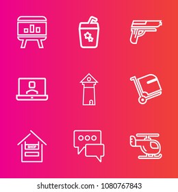 Premium set with outline vector icons. Such as airport, internet, cart, famous, luggage, firearm, diagram, template, gun, transport, baggage, bag, helicopter, tower, food, glass, speech, sky, juice