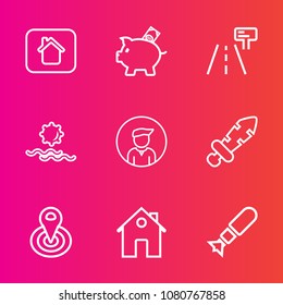 Premium set with outline vector icons. Such as cycle, blade, coin, knight, street, sword, nature, traffic, investment, weapon, building, boy, location, radius, home, real, modern, estate, road, male