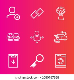 Premium set with outline vector icons. Such as sport, house, basket, download, balloon, sky, protection, interface, key, link, fast, fight, white, web, machine, delivery, housework, washer, account
