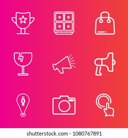 Premium set with outline vector icons. Such as technology, trophy, hand, photo, announcement, retail, currency, map, sound, equipment, glass, sport, megaphone, speaker, finance, business, voice, pin