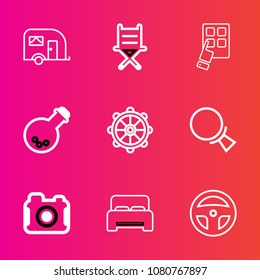 Premium set with outline vector icons. Such as technology, van, furniture, double, interior, digital, device, transportation, nautical, camera, medicine, modern, hand, business, chair, comfortable