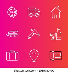 Premium set with outline vector icons. Such as architecture, estate, center, operator, technology, car, arrow, help, location, transportation, support, construction, headset, service, luggage, alcohol