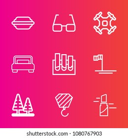 Premium set with outline vector icons. Such as fashion, control, nature, landscape, optical, bed, mexico, business, cheese, helicopter, aerial, red, food, beauty, bun, construction, laboratory, meal