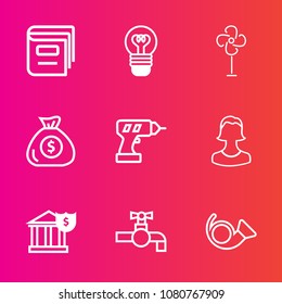 Premium set with outline vector icons. Such as work, air, human, literature, avatar, bank, education, equipment, banking, finance, tap, bugle, jazz, electric, water, hand, profile, electricity, light