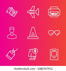 Premium set with outline vector icons. Such as step, computer, gps, paper, user, aircraft, city, air, sale, profile, pin, ladder, business, fly, electricity, navigation, aviation, printer, airplane