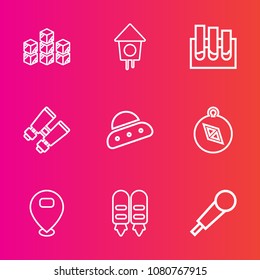 Premium set with outline vector icons. Such as search, spy, spaceship, location, east, goods, south, laboratory, watch, house, medicine, warehouse, home, compass, factory, box, distribution, direction