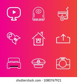 Premium set with outline vector icons. Such as hat, estate, cute, upload, summer, handle, download, media, camera, sea, mask, eye, navy, snorkel, sign, equipment, video, cartoon, home, button, cap