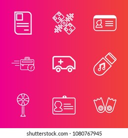 Premium set with outline vector icons. Such as computer, medical, identity, summer, system, global, storage, ventilator, transportation, science, sound, personal, late, identification, sport, cooler
