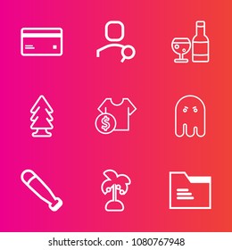 Premium set with outline vector icons. Such as landscape, office, money, red, fear, web, computer, search, halloween, plastic, internet, credit, wood, paper, drink, card, business, payment, tree, leaf
